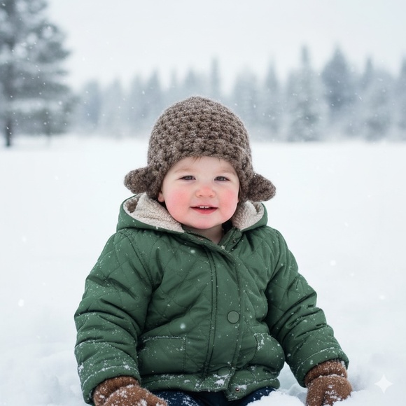 Knitted Brown Slouchy Toque with Ears Gender Earthy Neutral Warm Fits Size 2-3T - Picture 1 of 8